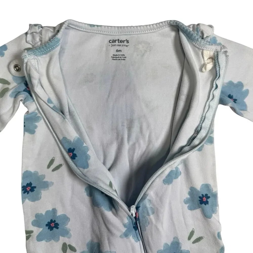 Carters Sleeper Pajamas Baby Girl Flowers Blue 6 Months